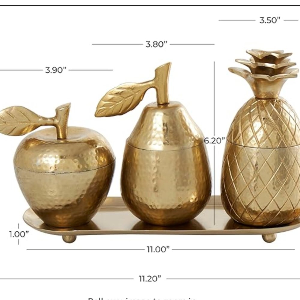 Deco 79 Aluminum Fruit Decorative Jars with Matching Leaf Tray, Set of 4 11" W, - Picture 3 of 10